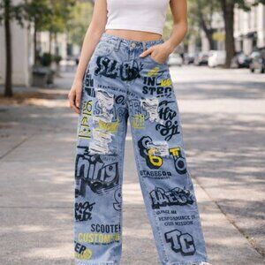 SHEIN Graffiti Jeans Size S High Rise Straight Leg Y2K Streetwear Graphic Denim